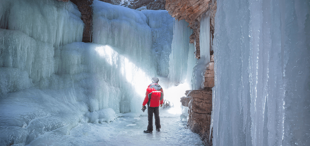 View of Frozen Gurgur Waterfall, aka House of Santaklaus, in Griz