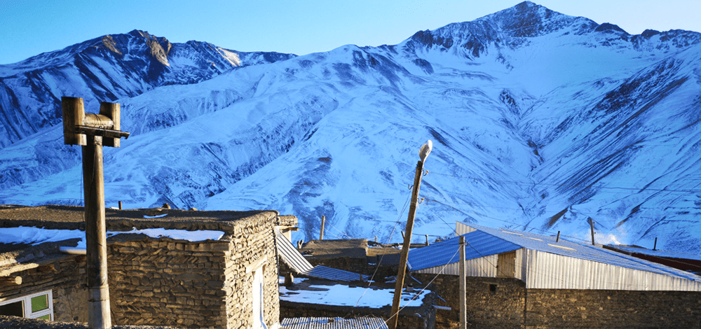 View of Qiblagah Summit from roofs of Khinalig village